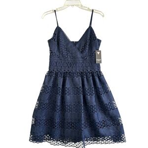 GUESS Blue Lace Patterned Spaghetti Strap Short Fit + Flare Dress Size 4 NWT